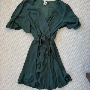 Lulus Forest Green Wrap Dress Size S Puff Sleeve Chiffon Tie Waist